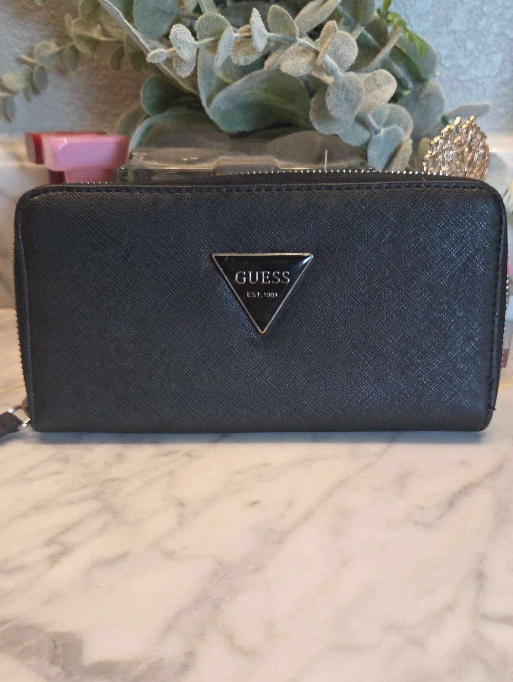 Pre-loved Guess Black Saffiano Zip Wallet with Silver Triangle Logo